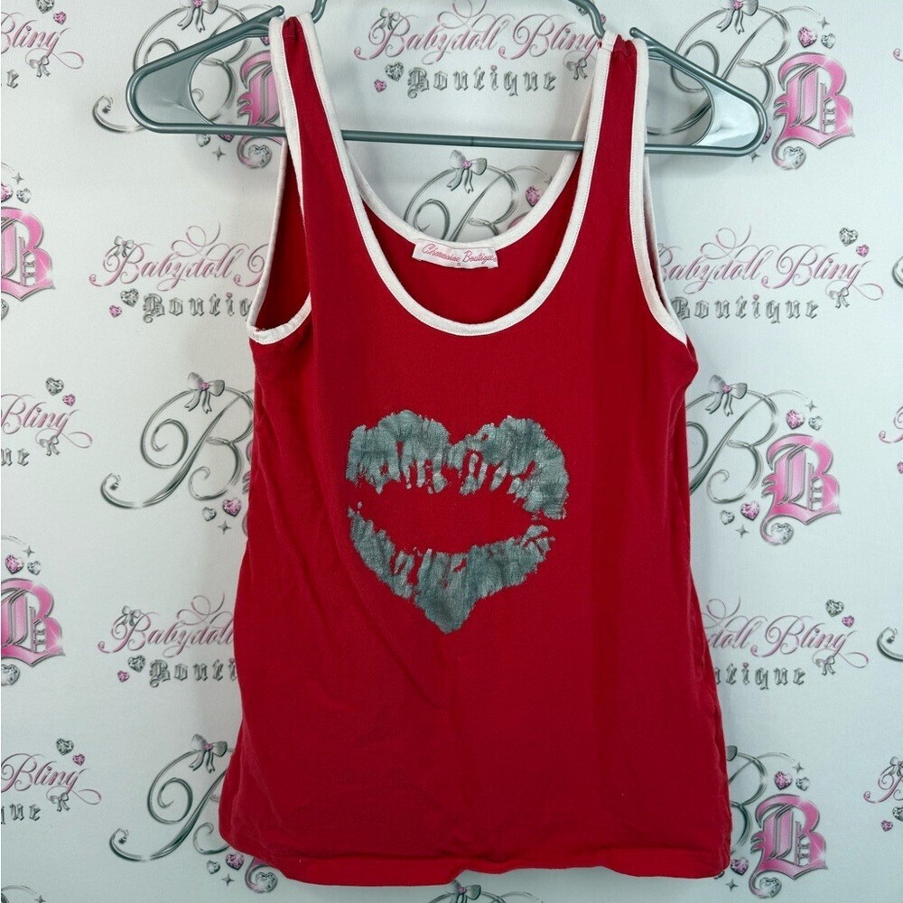 Charmaine boutique tank top kiss lips silver Chic Red Tank Top with Lip Print